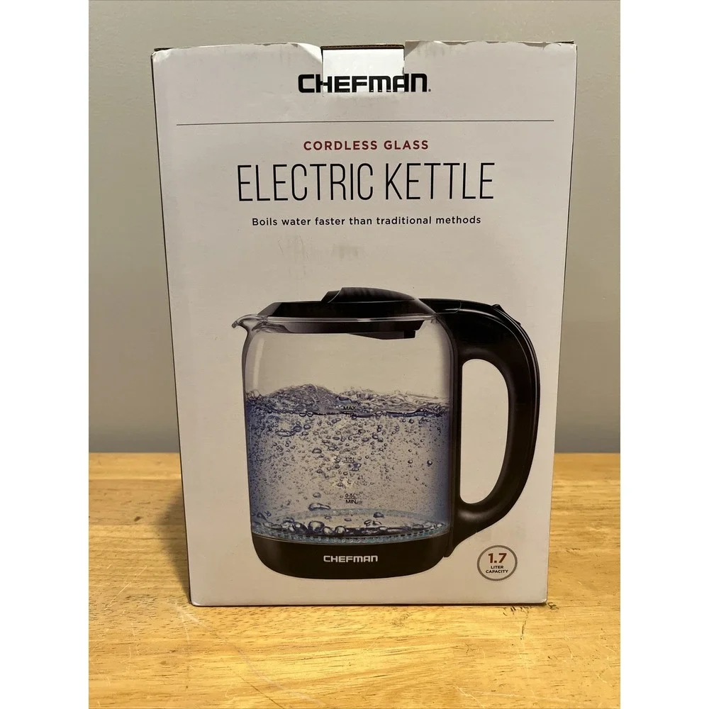 Chefman 1.7 Liter‎ Electric Glass Tea Kettle with LED Boil Lights, Clear/Black